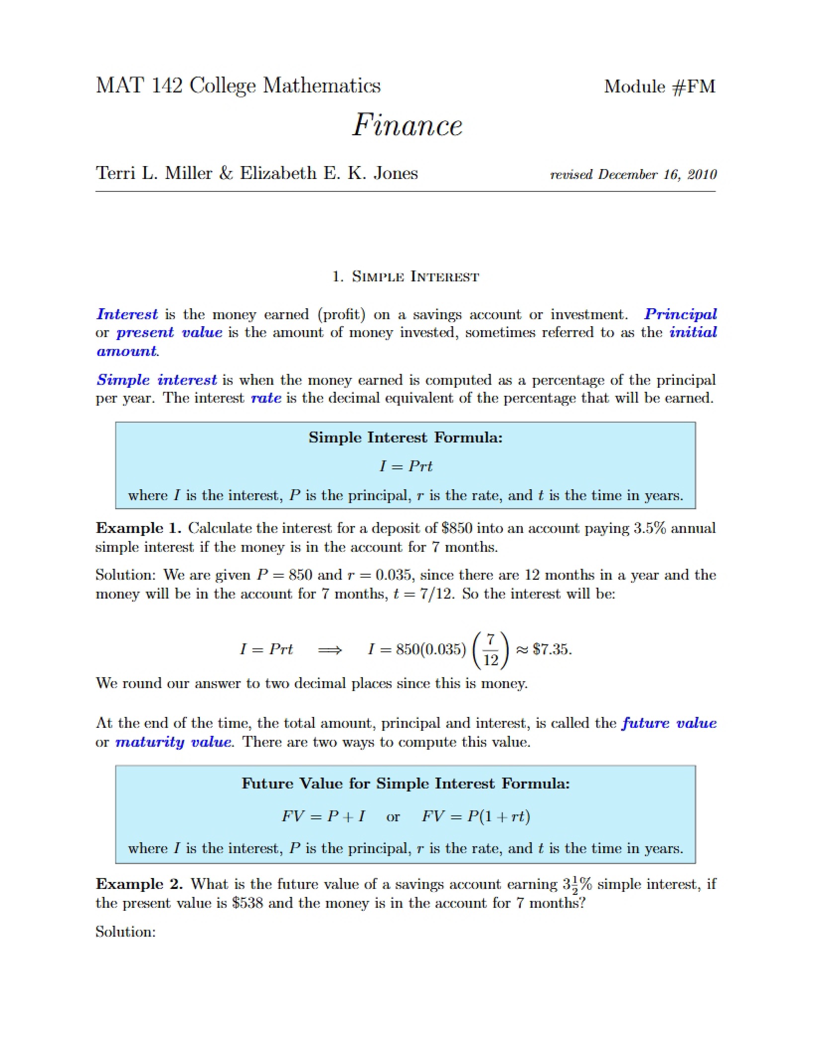 Mathematics of Finance - 11 Pages