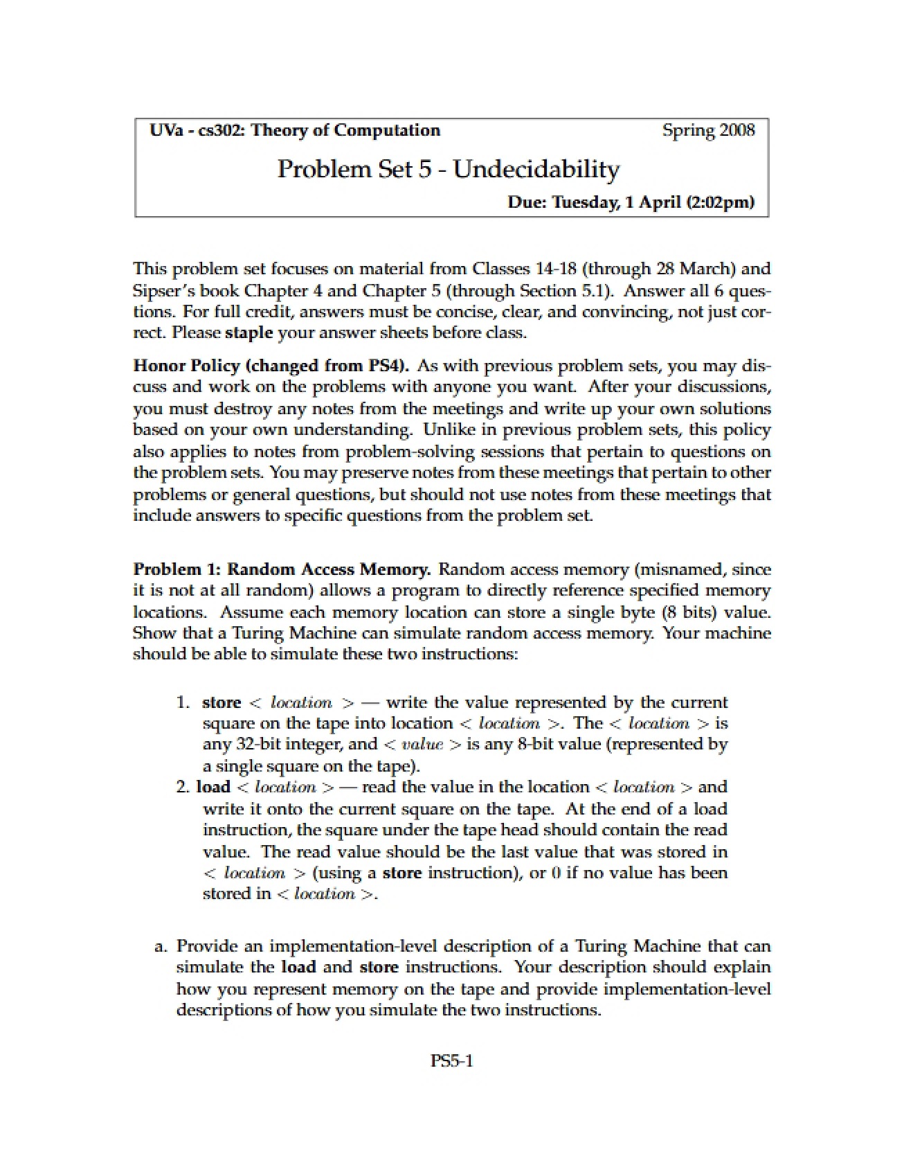 Undecidability Problem Set Five