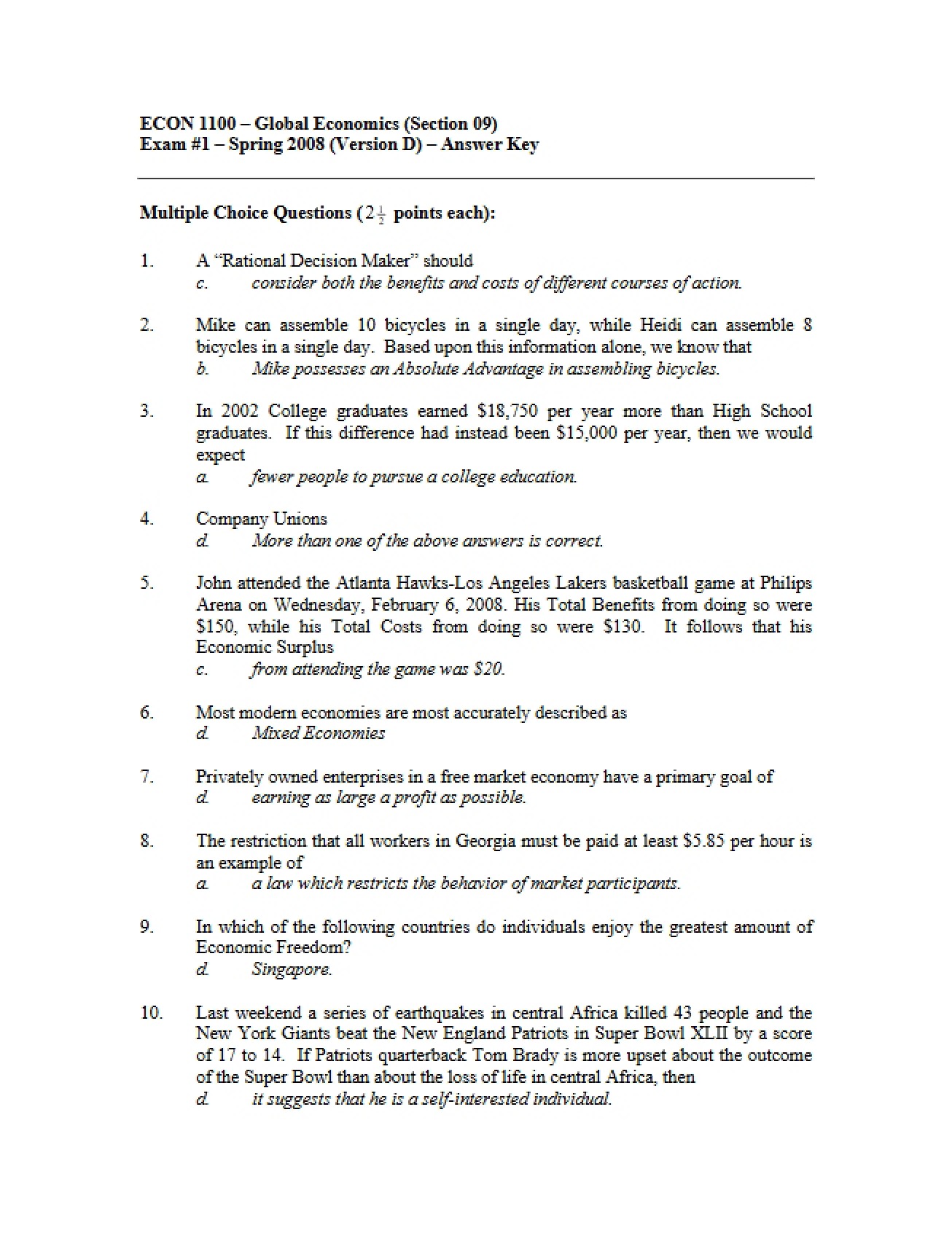 Assessment One for the Global Economics Course