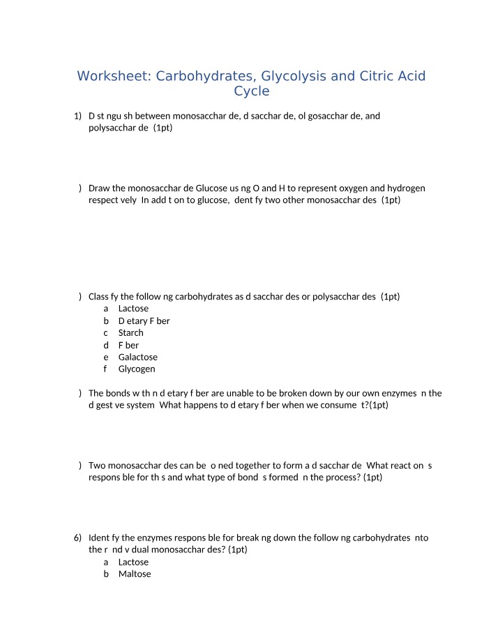 Worksheet on Carbohydrates, Glycolysis and Citric Acid Cycle
