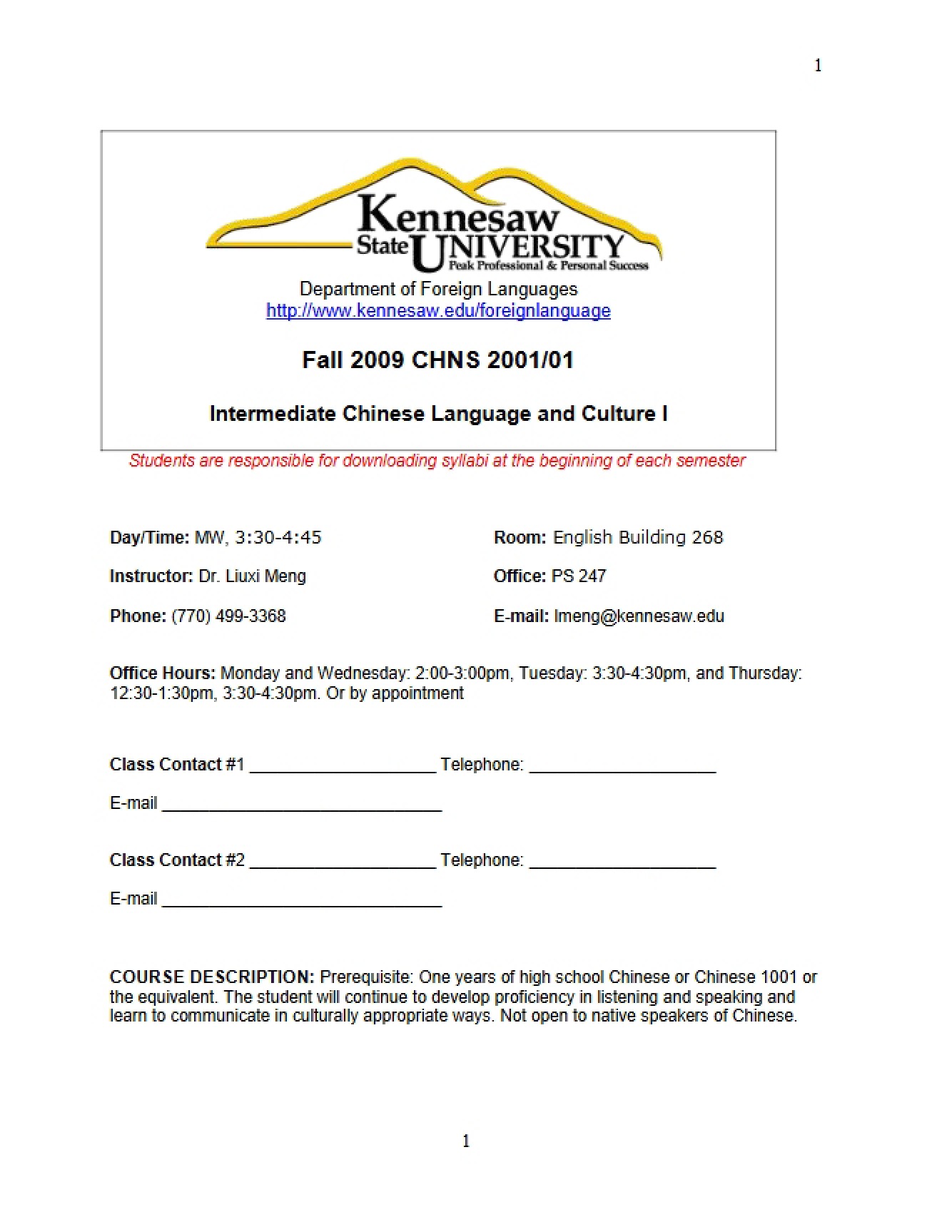 Course Syllabus for an Intermediate Chinese Language and Culture Class
