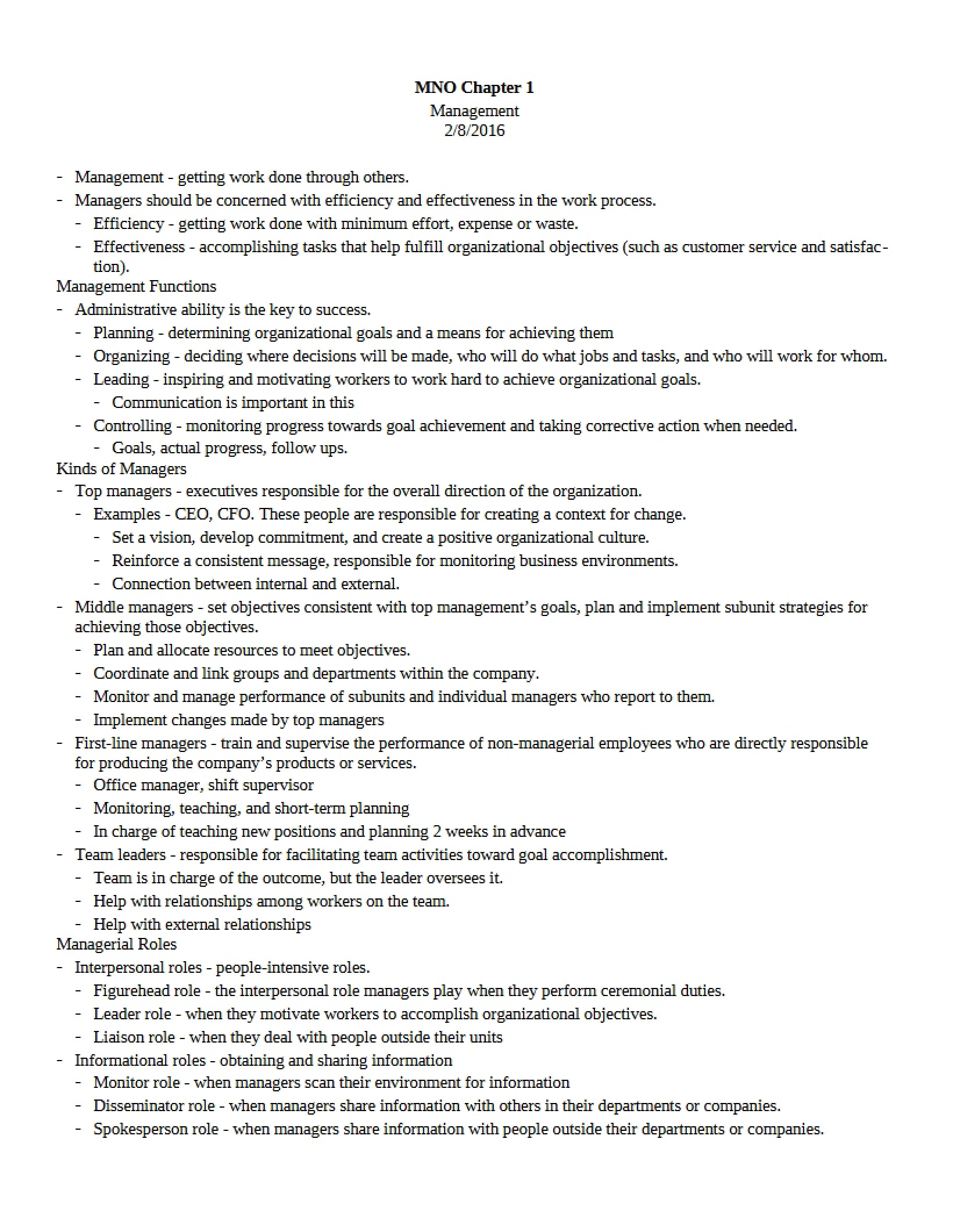 Management Chapter One