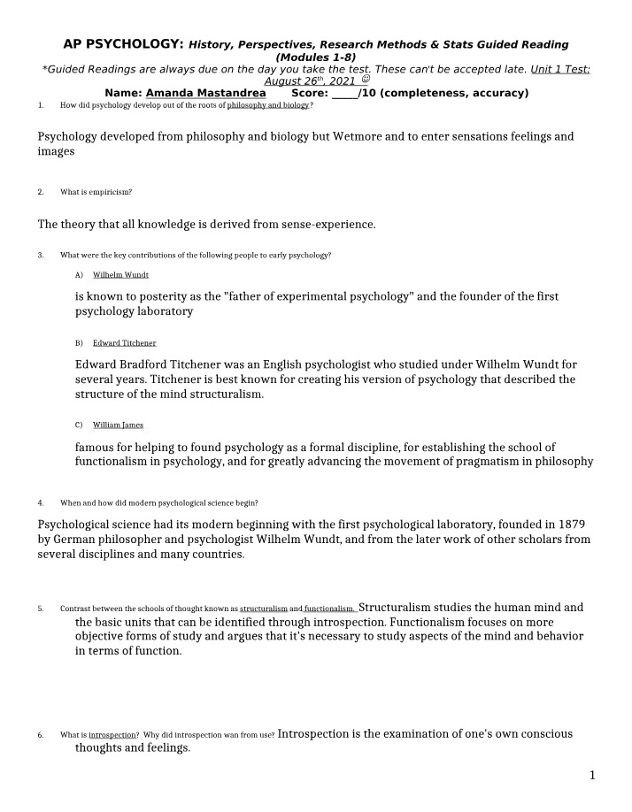 Unit 1 Test - AP Psychology