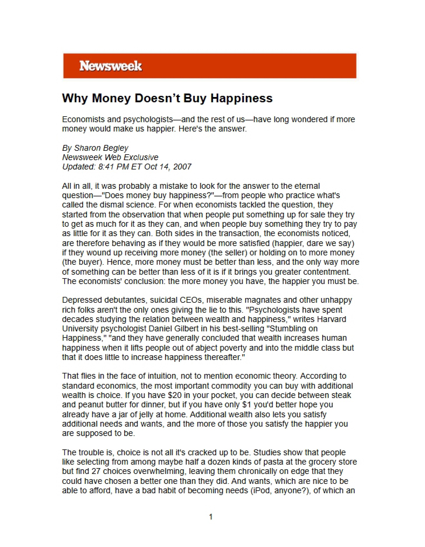 Inability of Money to Buy Happiness