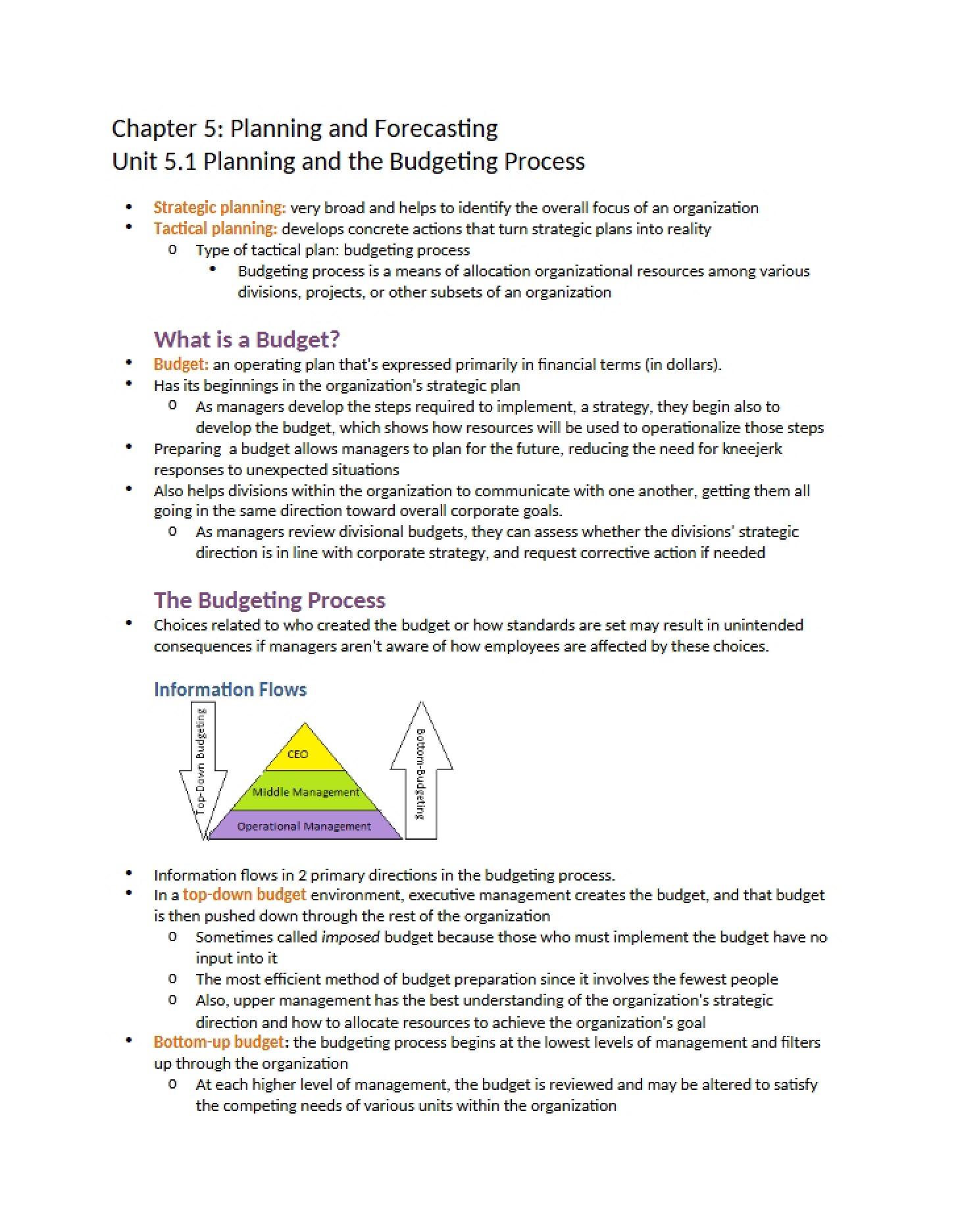 Forecasting and Planning (Chapter 5)