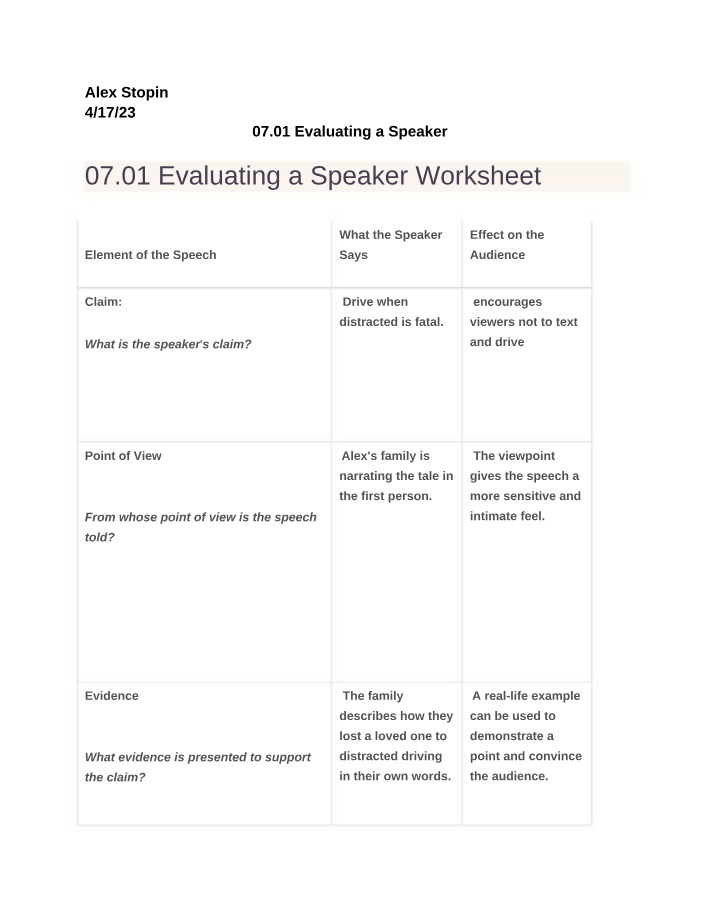 Worksheet - Evaluating a Speaker