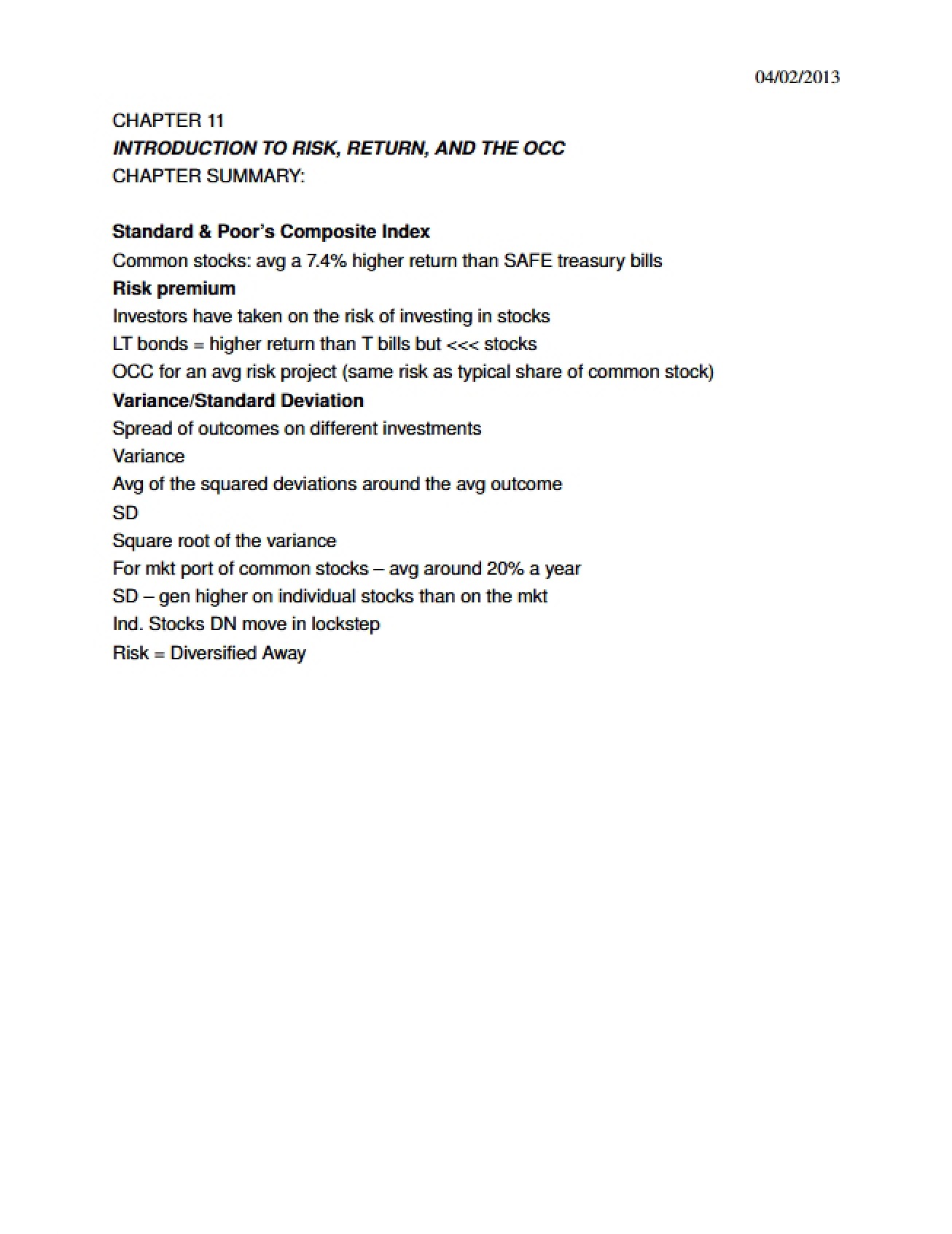 Chapter Eleven Risk, Return, and the Opportunity Cost of Capital