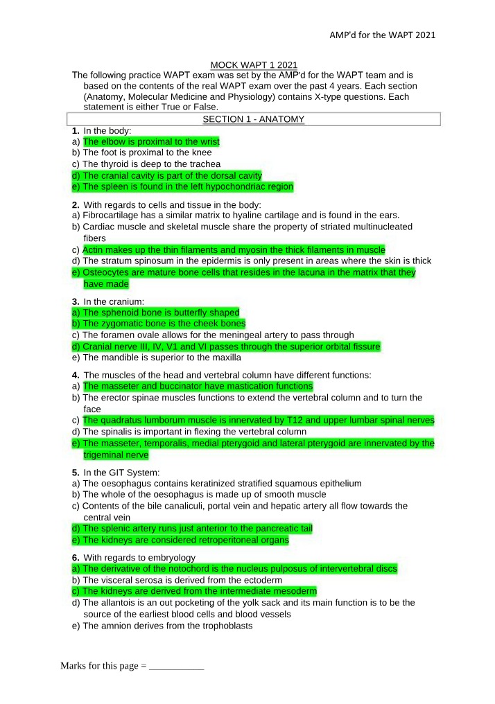 Anatomy Practice Exam - True or False (WAPT 2021)