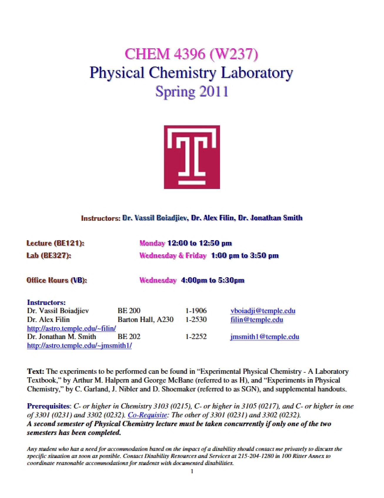 Physical Chemistry Lab Syllabus