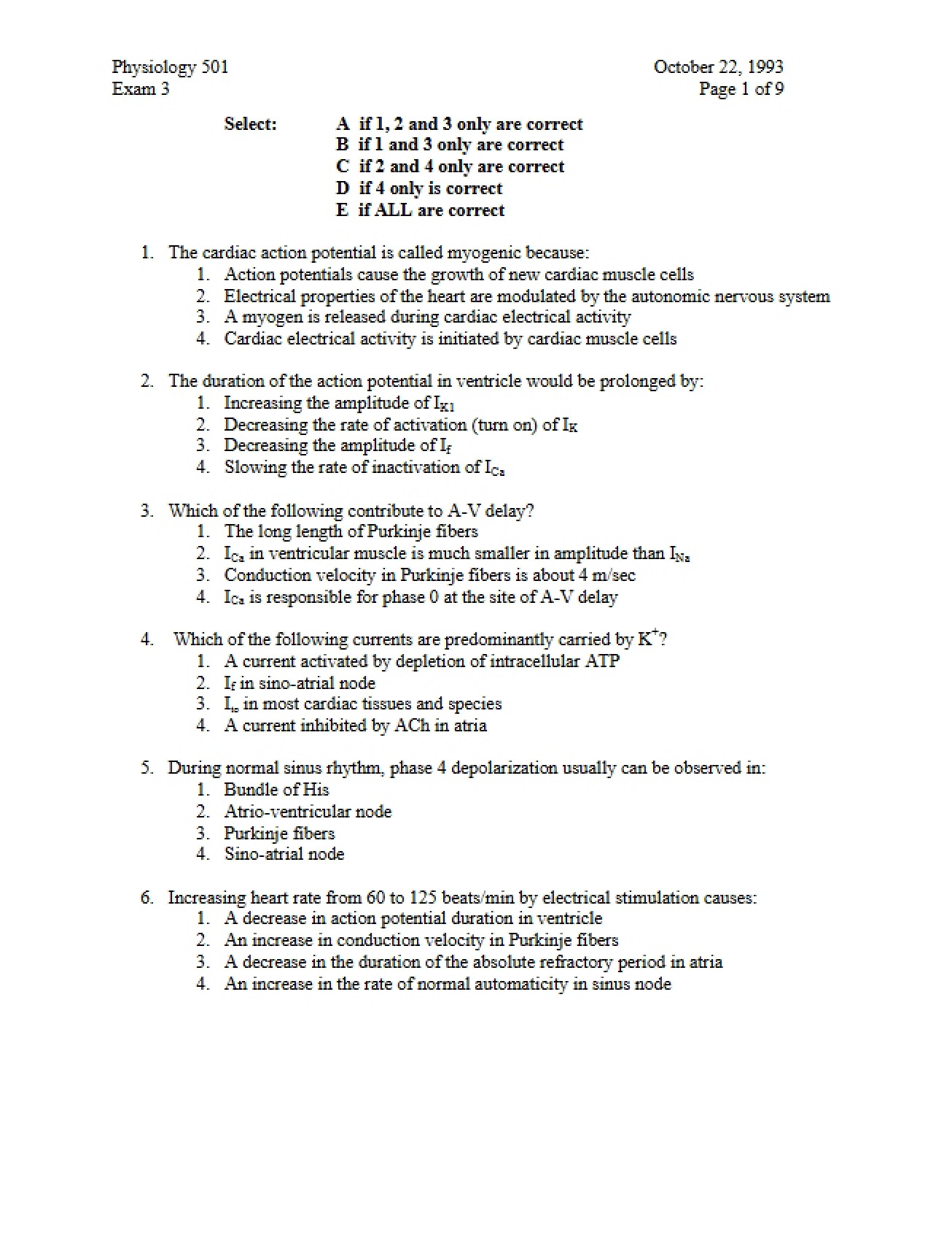 Third Physiology Exam (1993)
