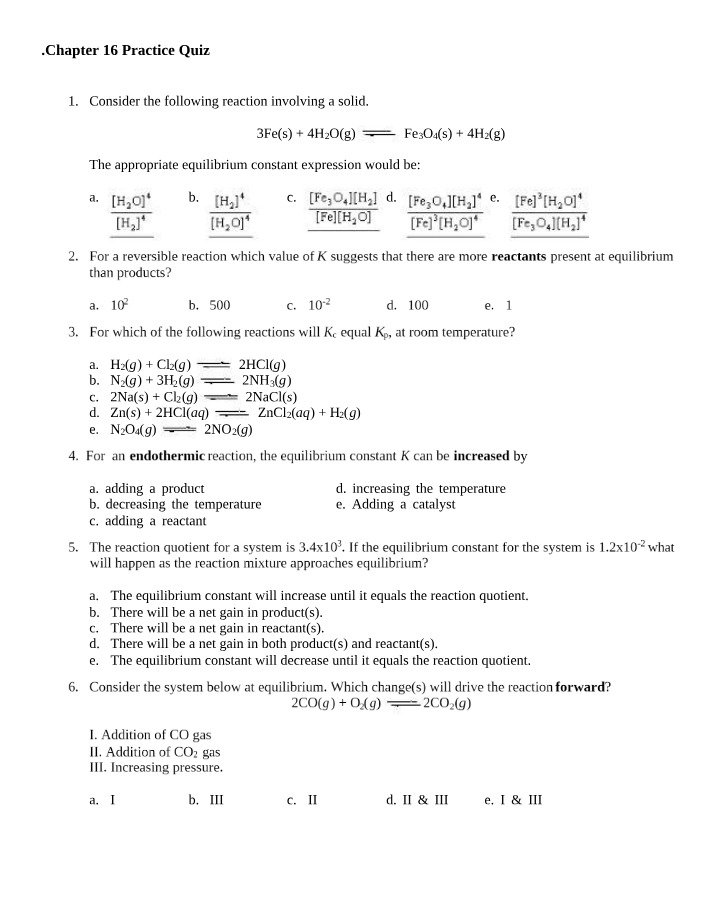 Practice Quiz for Chapter 16