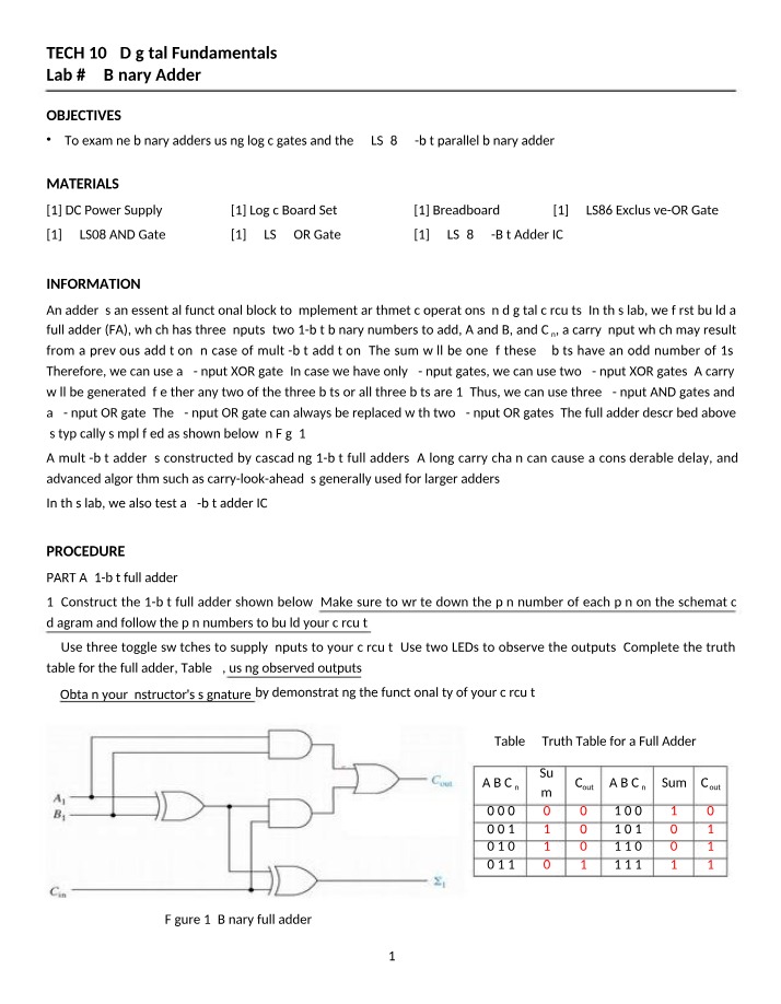 Binary Adder Lab - 1-bit and 4-bit Adders