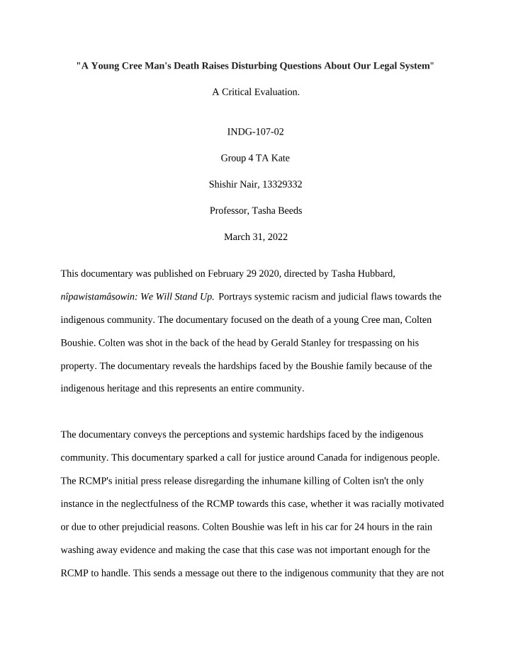 Young Cree Man's Death - A Critical Evaluation of Legal System Questions