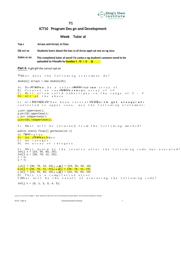 ICT104 - Week 9 Tutorial