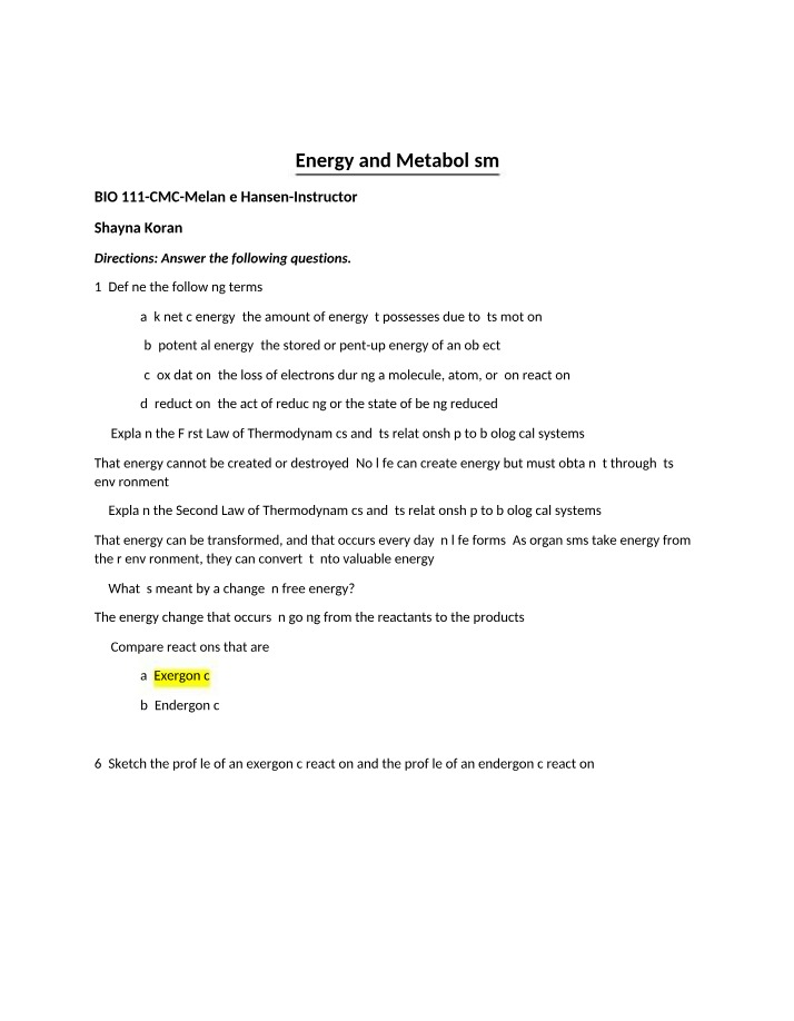 Notes on Energy and Metabolism