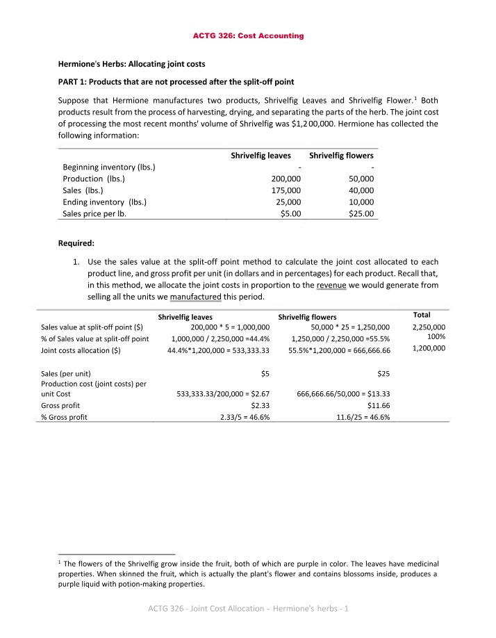 Joint Cost Allocation for Hermione's Herbs