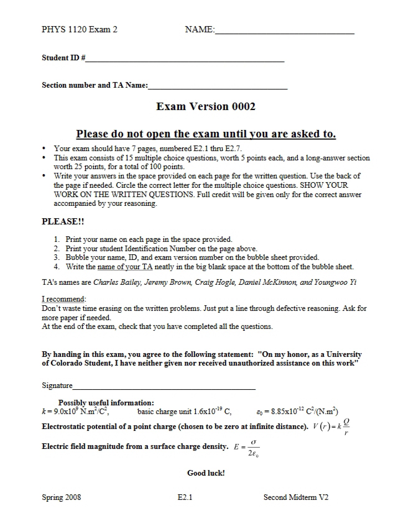 Sample Examination Two