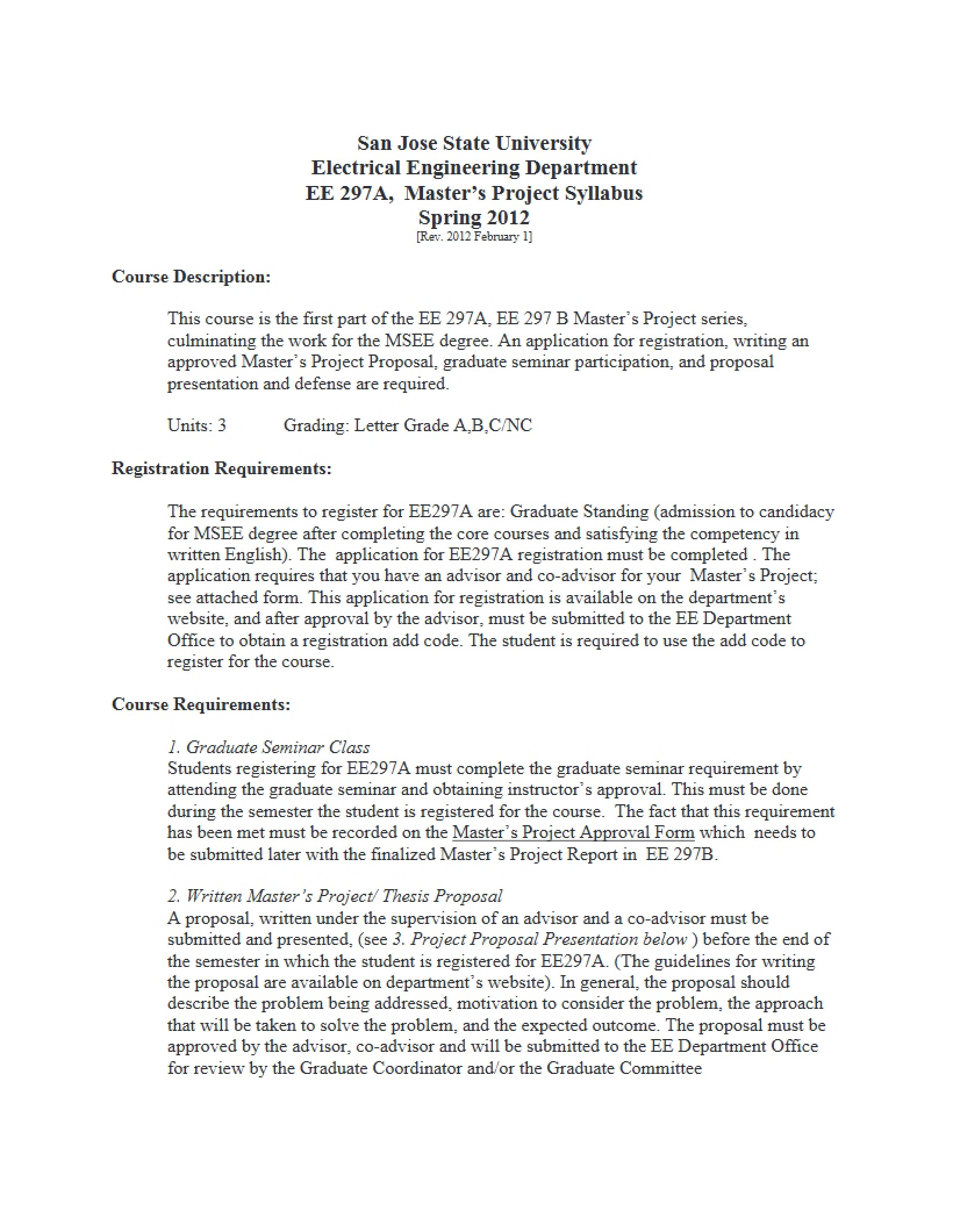 Course Outline for MSEE Project