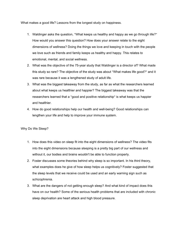 Lessons on Happiness and Sleep - Study Questions