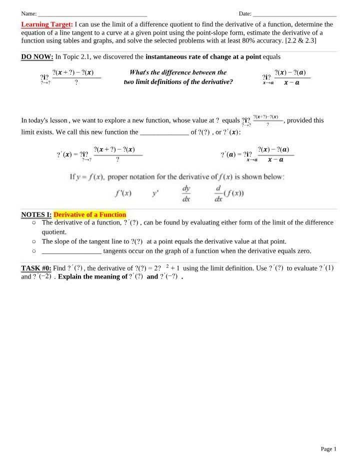 Worksheet 14 - Derivative of a Function at a Point