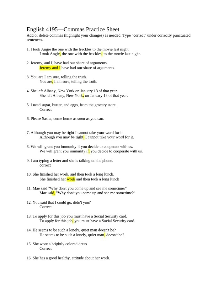 Comma Practice Sheet for Punctuation
