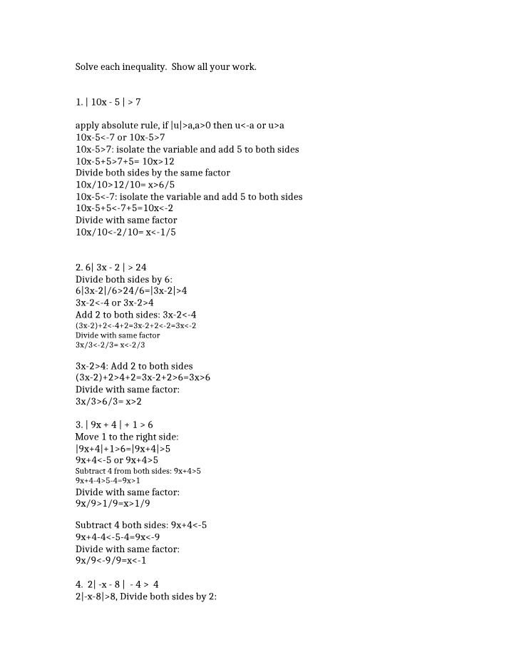 Worksheet - Solve Each Inequality