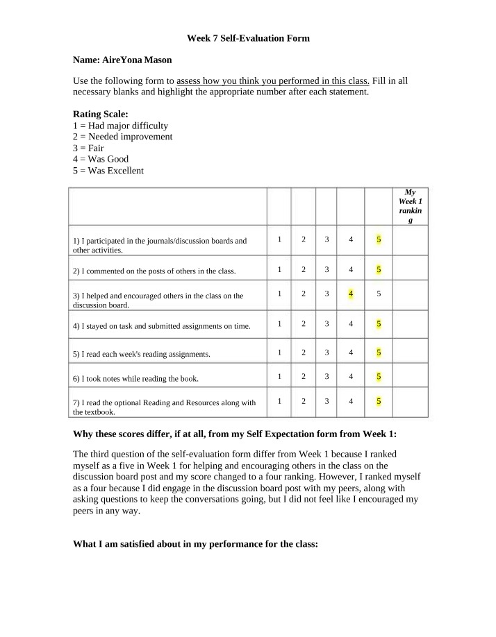 Class Performance Self-Evaluation - Assessing Participation