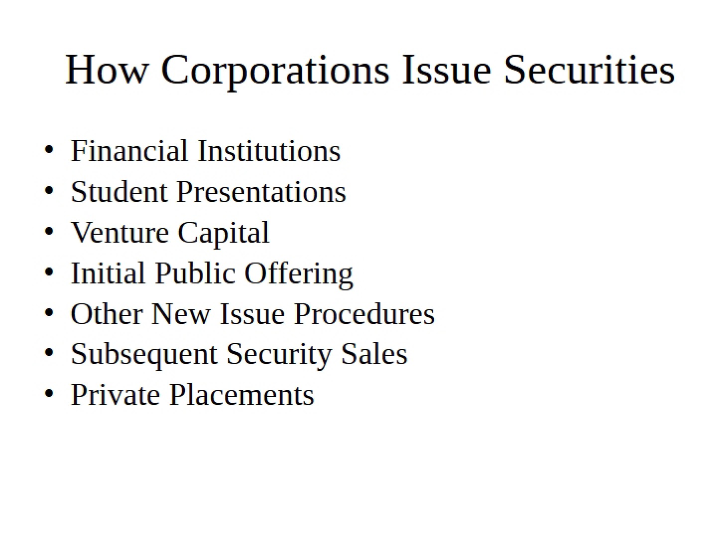 Issuance of Securities by Corporations