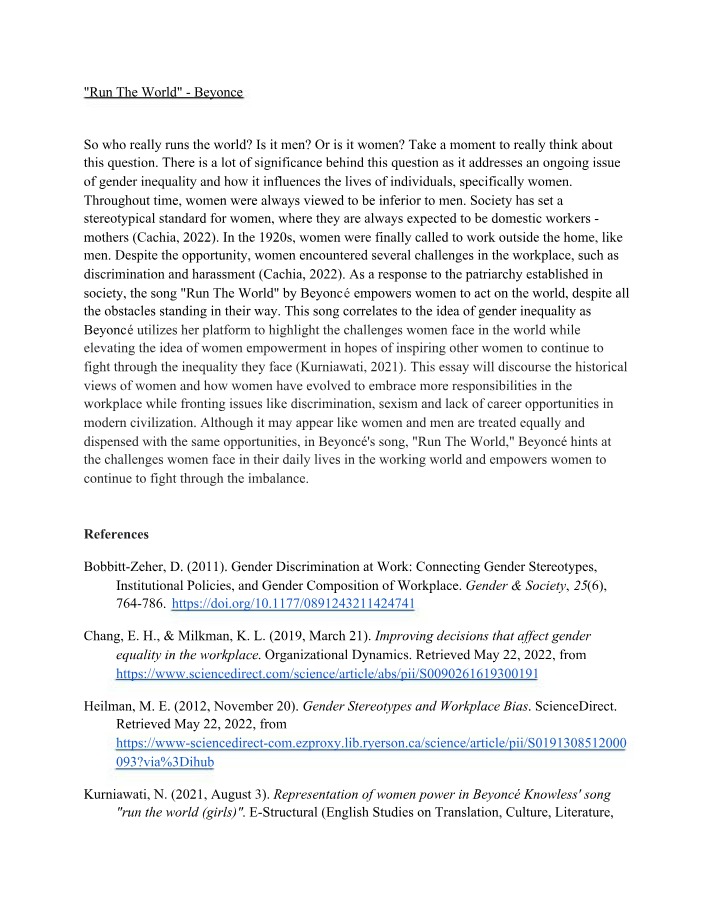 Essay Introduction - Run The World by Beyonce