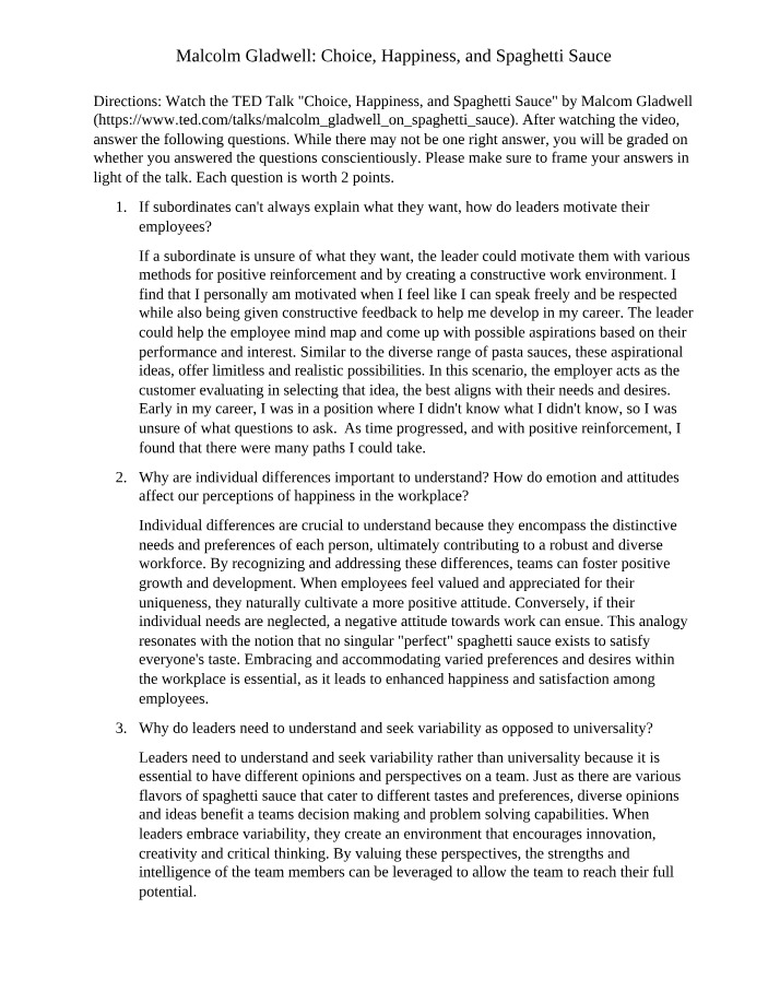 Choice, Happiness, and Spaghetti Sauce - Malcolm Gladwell Worksheet
