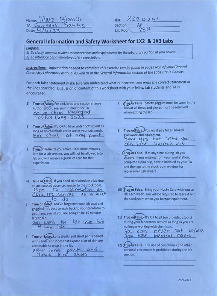 1X2 and 1X3 Labs - General Safety Information Worksheet