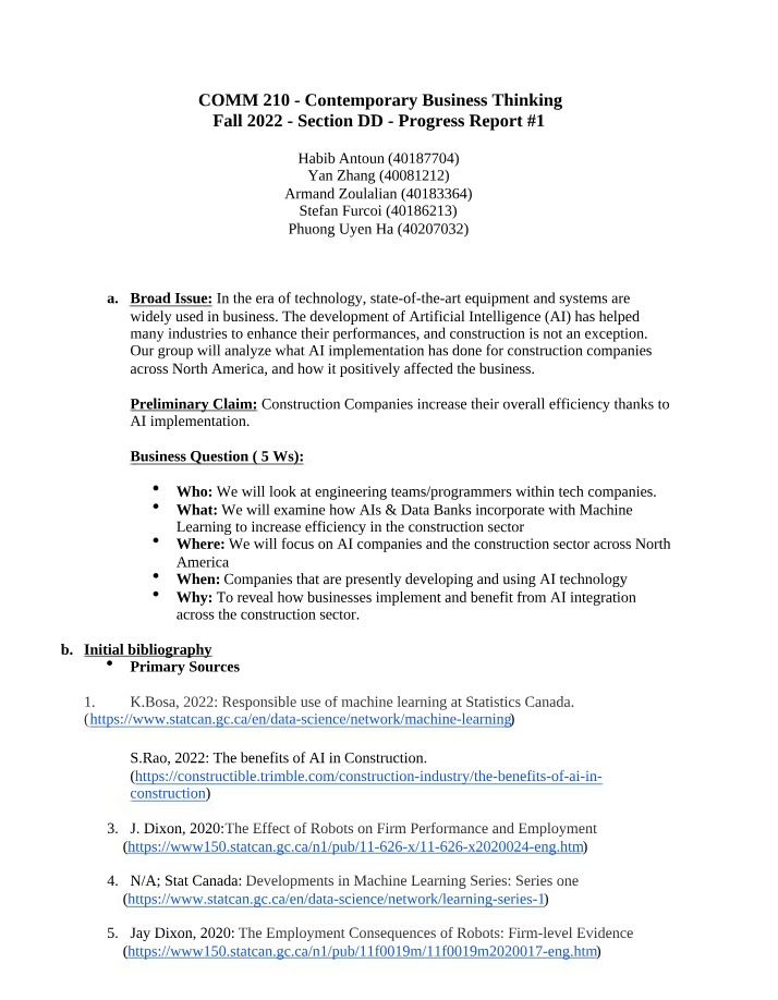 Progress Report 1 - COMM 210
