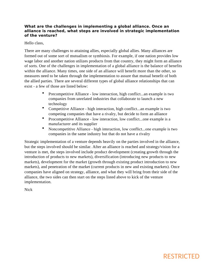 Challenges and Insights in Implementing a Global Alliance