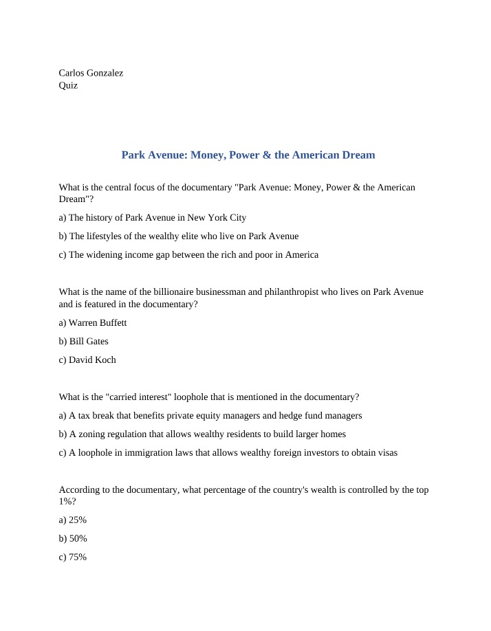Quiz Answers for Park Avenue Money, Power & the American Dream