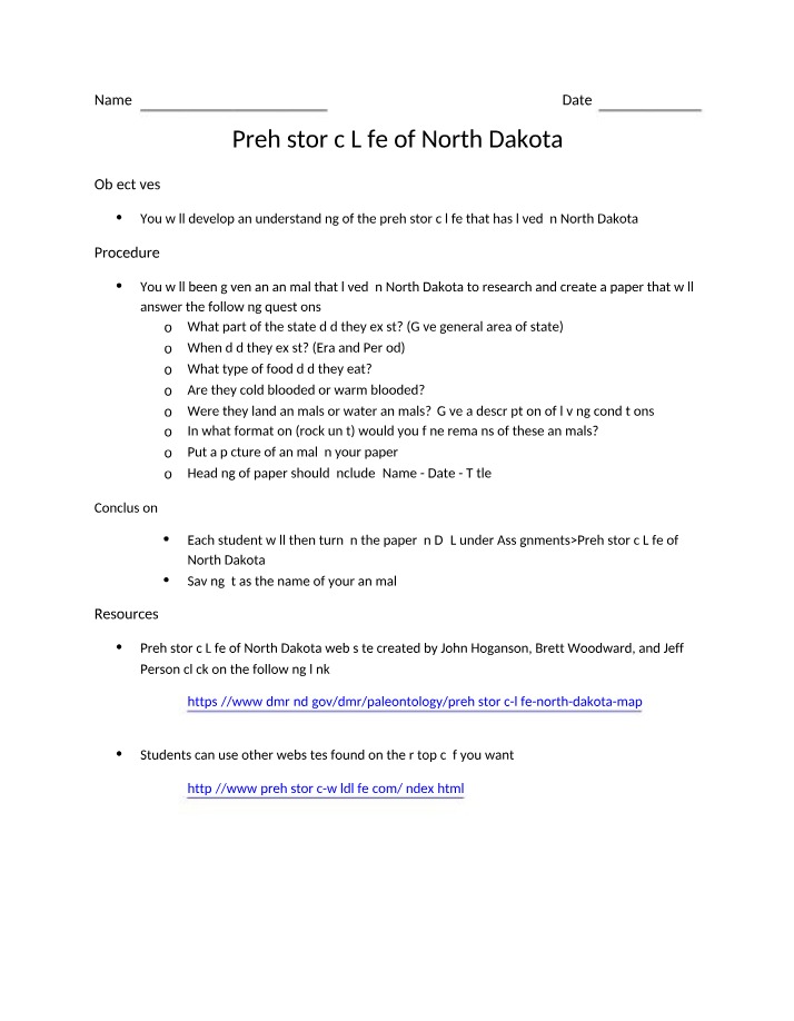 Assignment and Rubric for Prehistoric Life of North Dakota