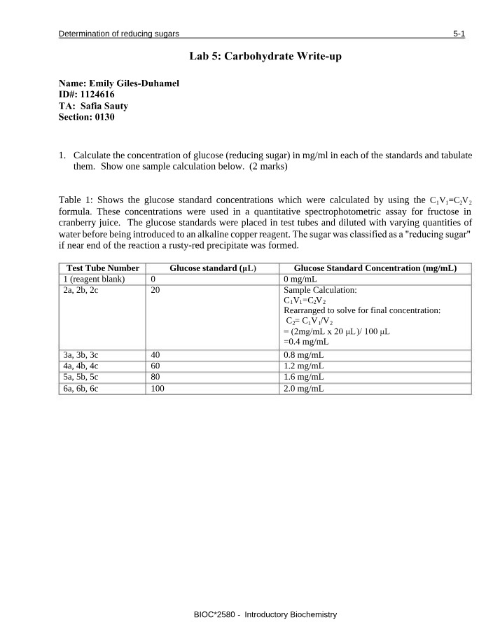 Lab Write-up for Determination of Reducing Sugars