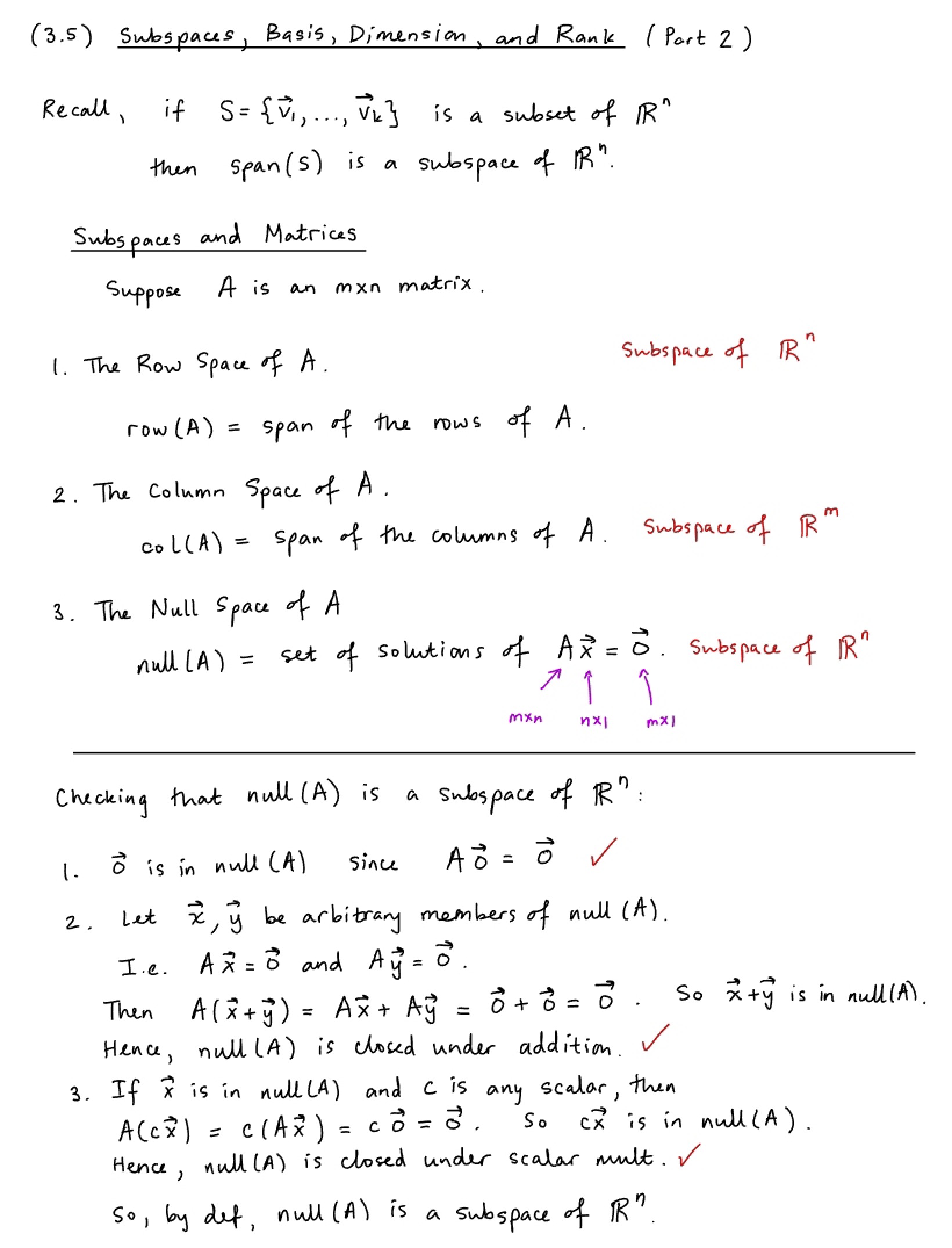 Dimension, Rank, Basis, and Subspaces
