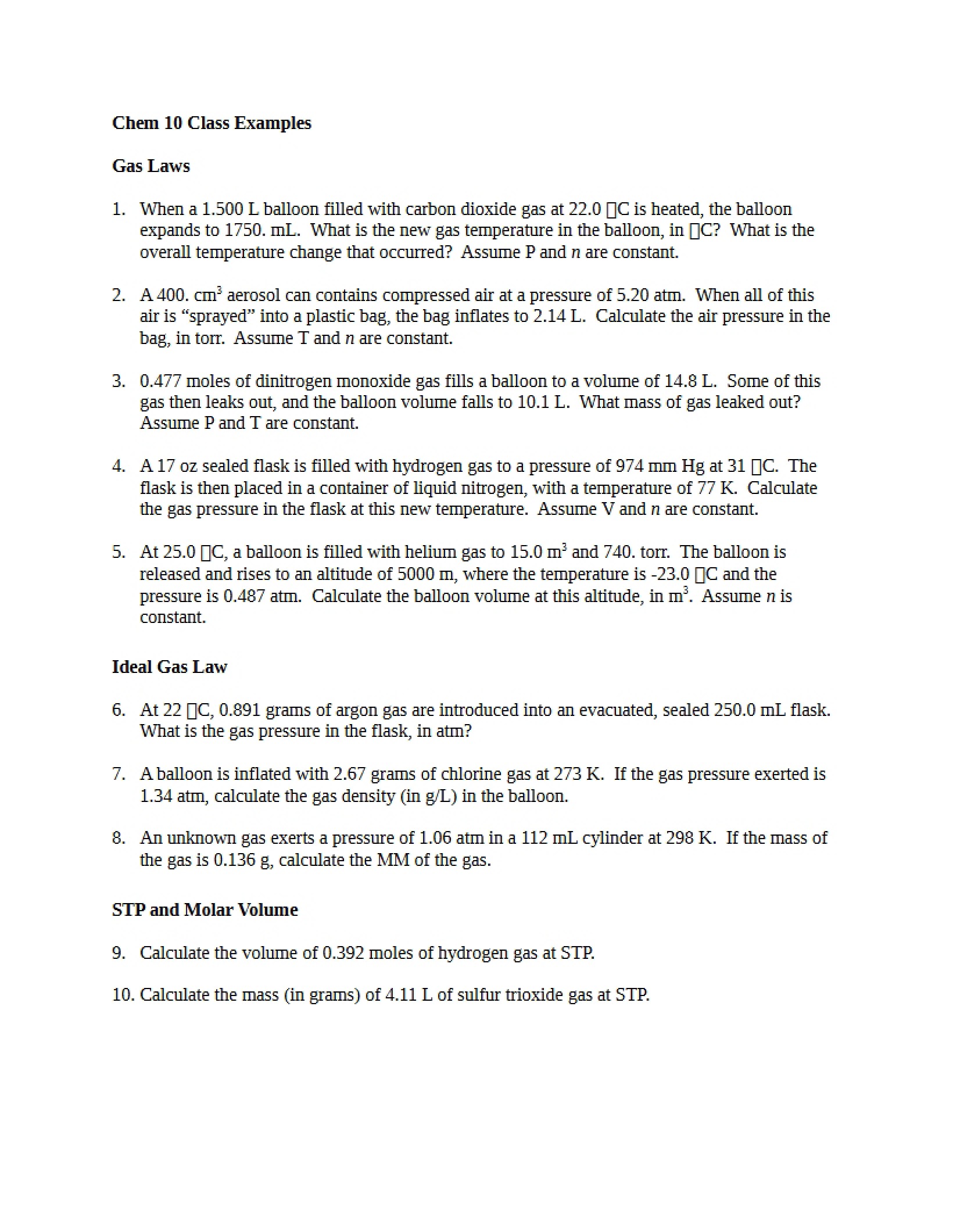 Gas Laws Class Examples