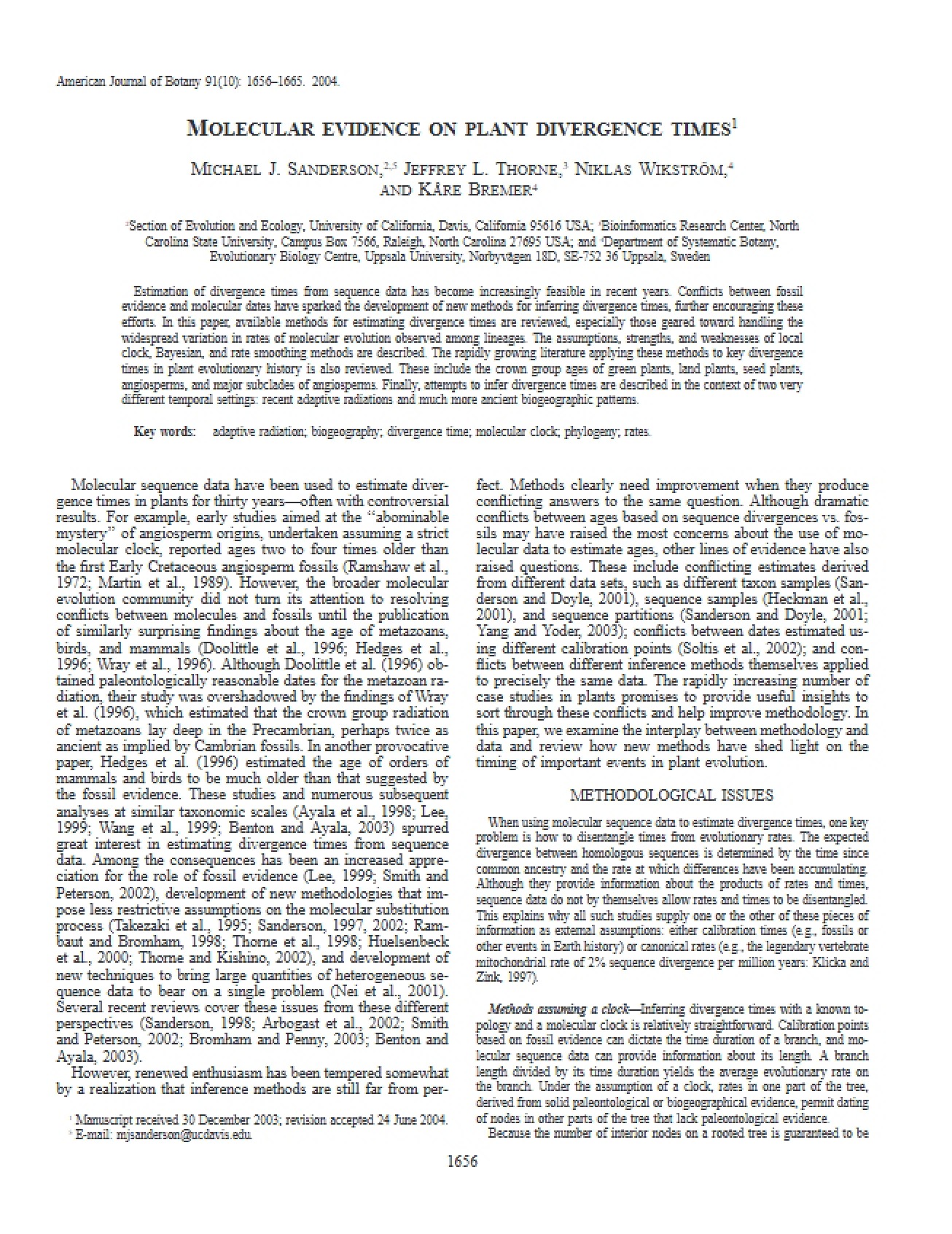 Plant Divergence Times Molecular Evidence