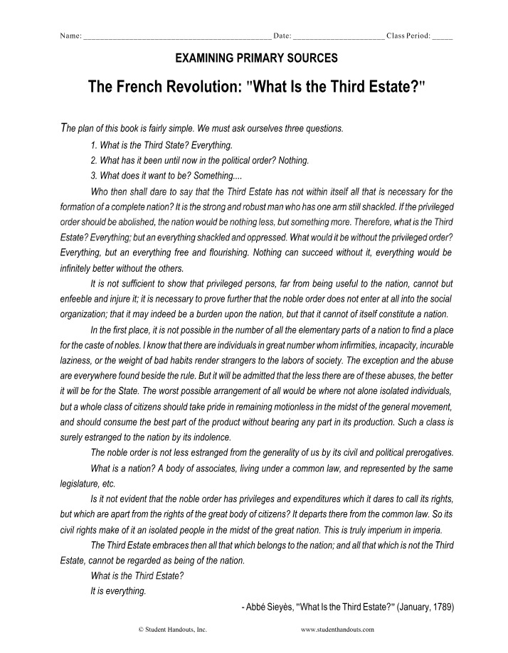 What is the Third Estate - French Revolution Primary Sources