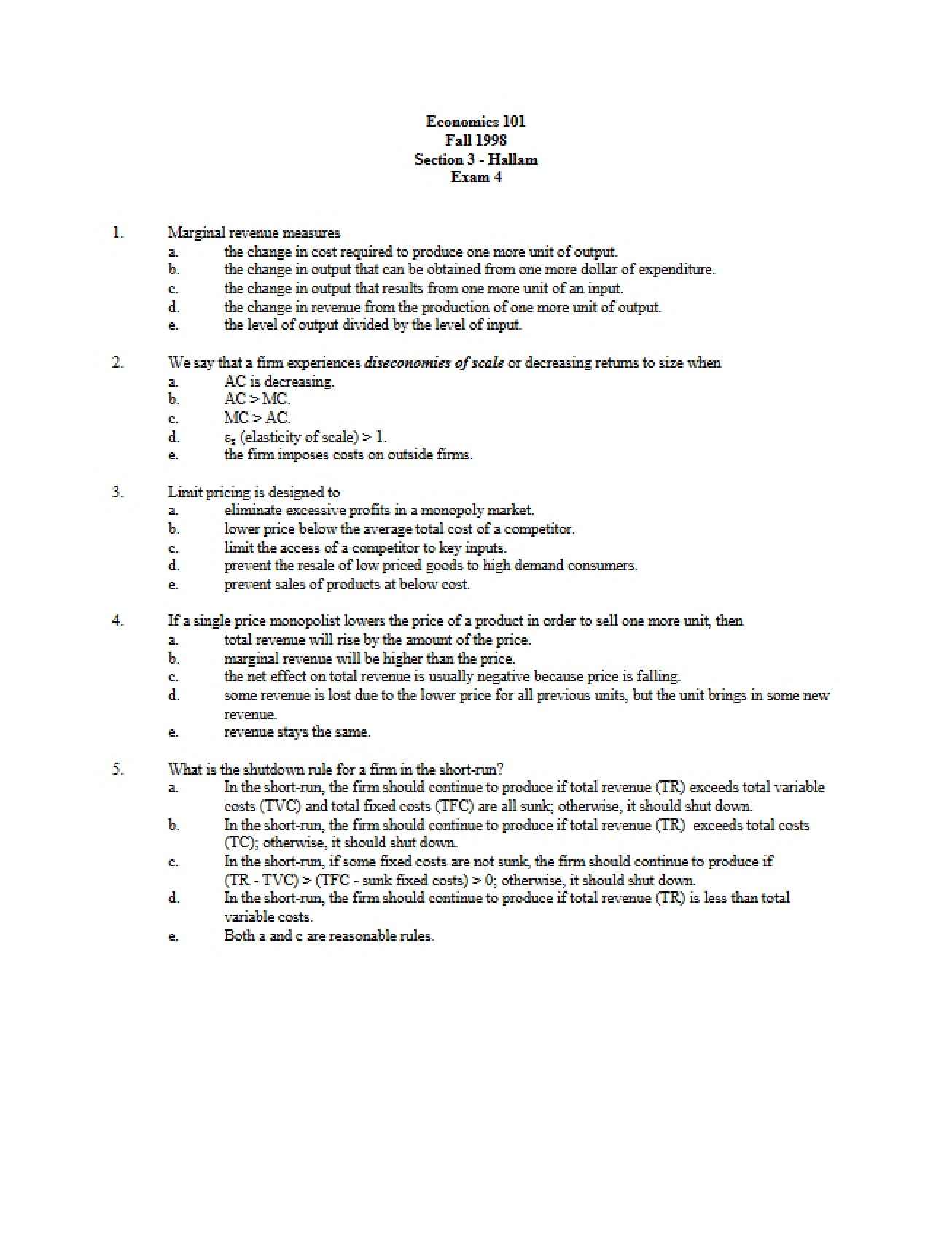 Fourth Examination from the Fall 1998 Semester