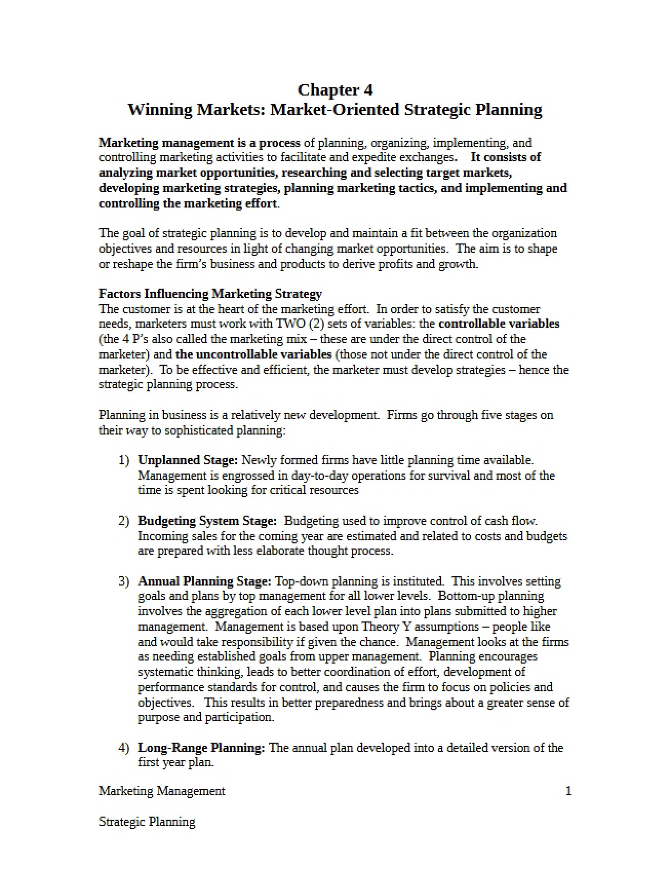 Strategic Planning Oriented Towards Markets