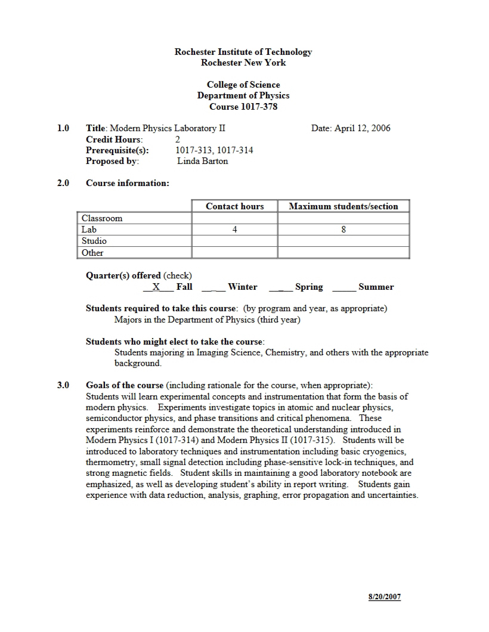 Modern Physics Two Experiments Syllabus
