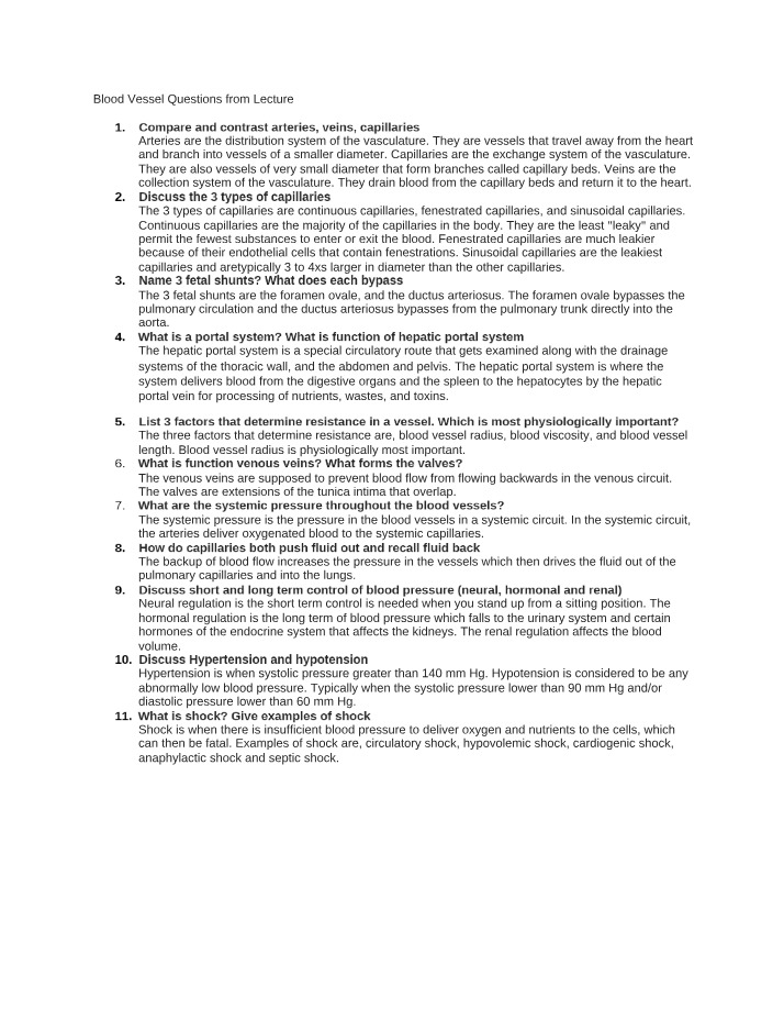 Lecture Questions on Blood Vessels