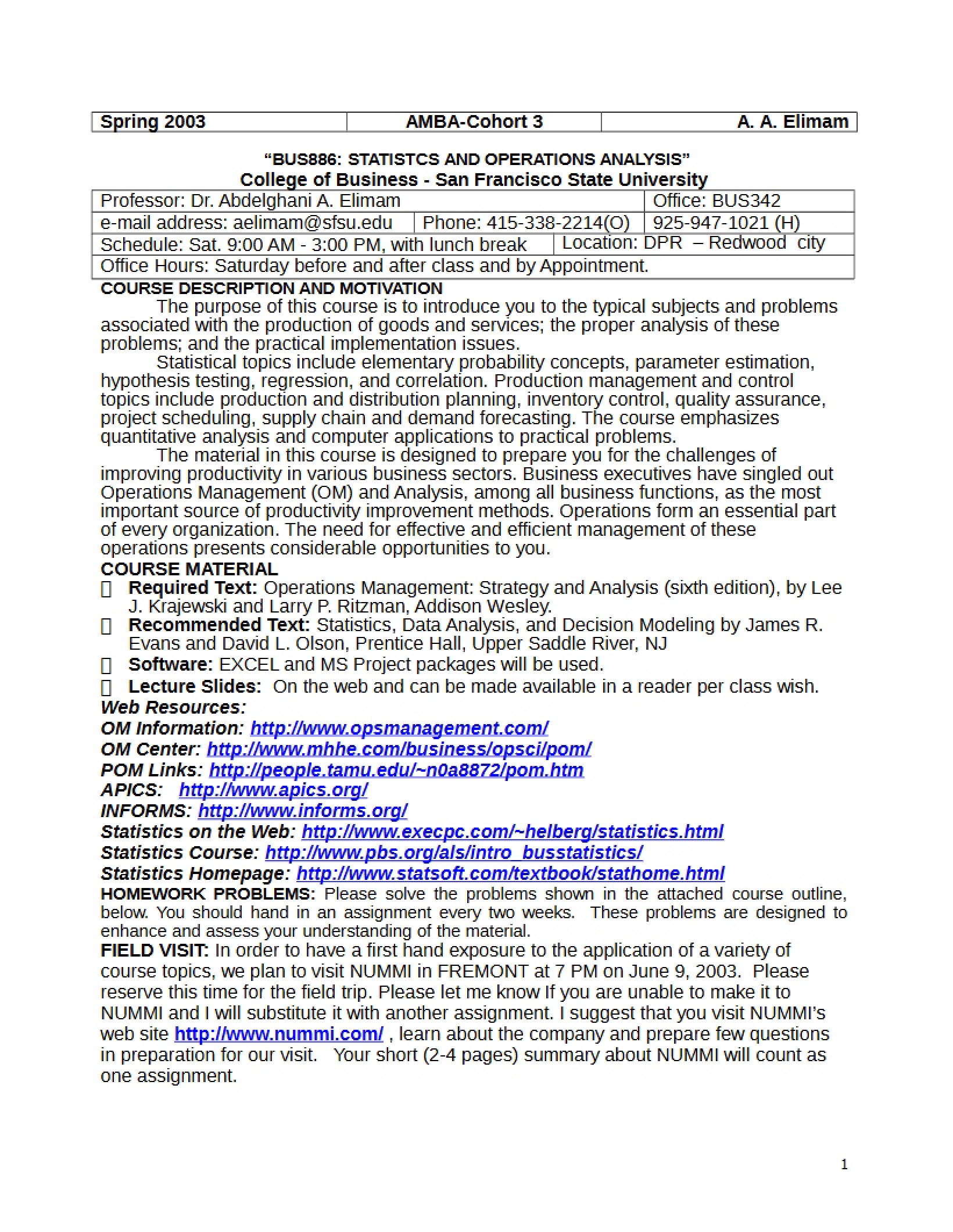 Statistics and Operations Syllabus