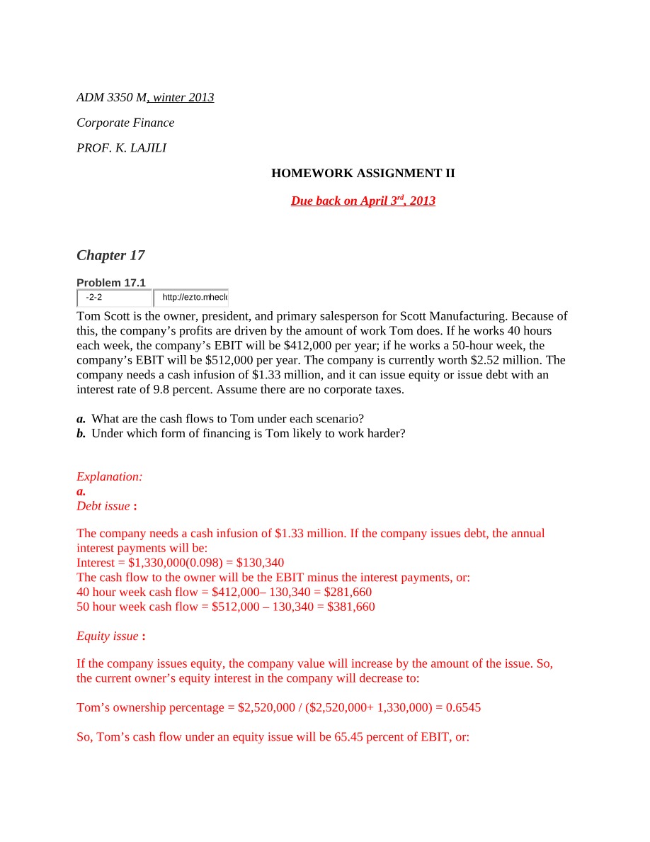 Homework Assignment II for Corporate Finance
