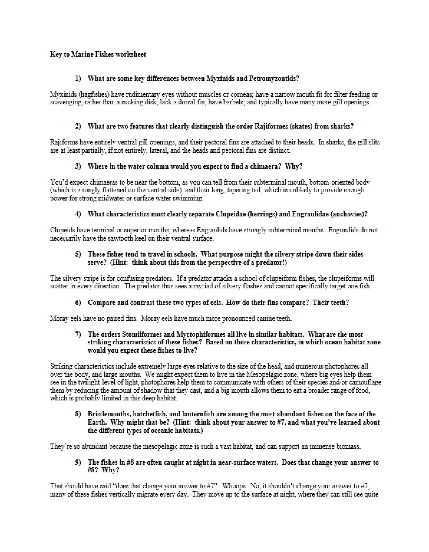 Marine Fish Identification Key Worksheet