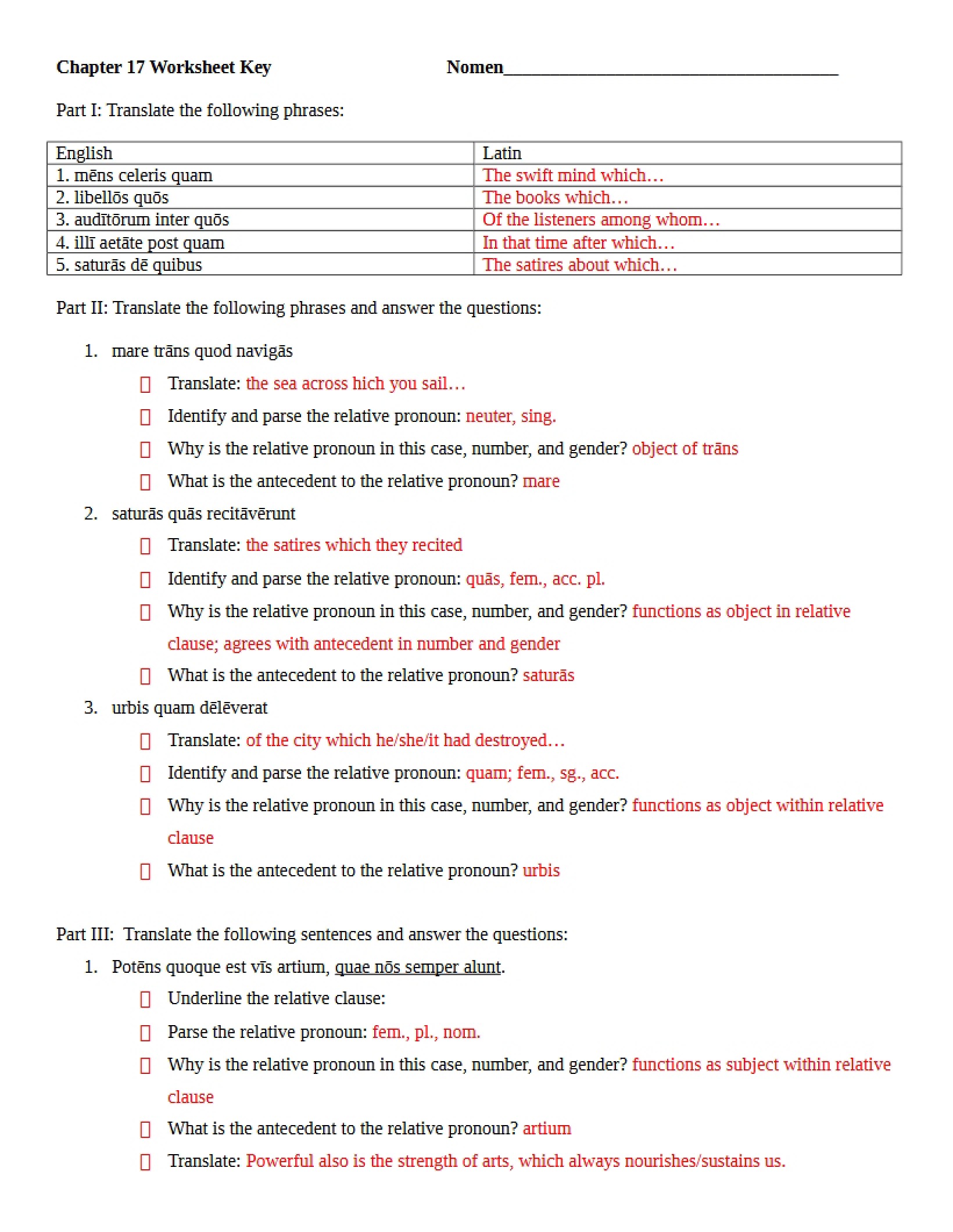 Answer Key for Worksheet