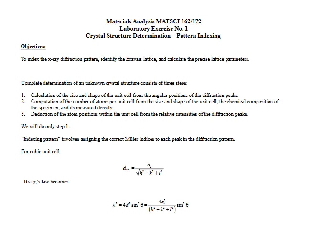 First Laboratory Exercise in X-Ray Diffraction