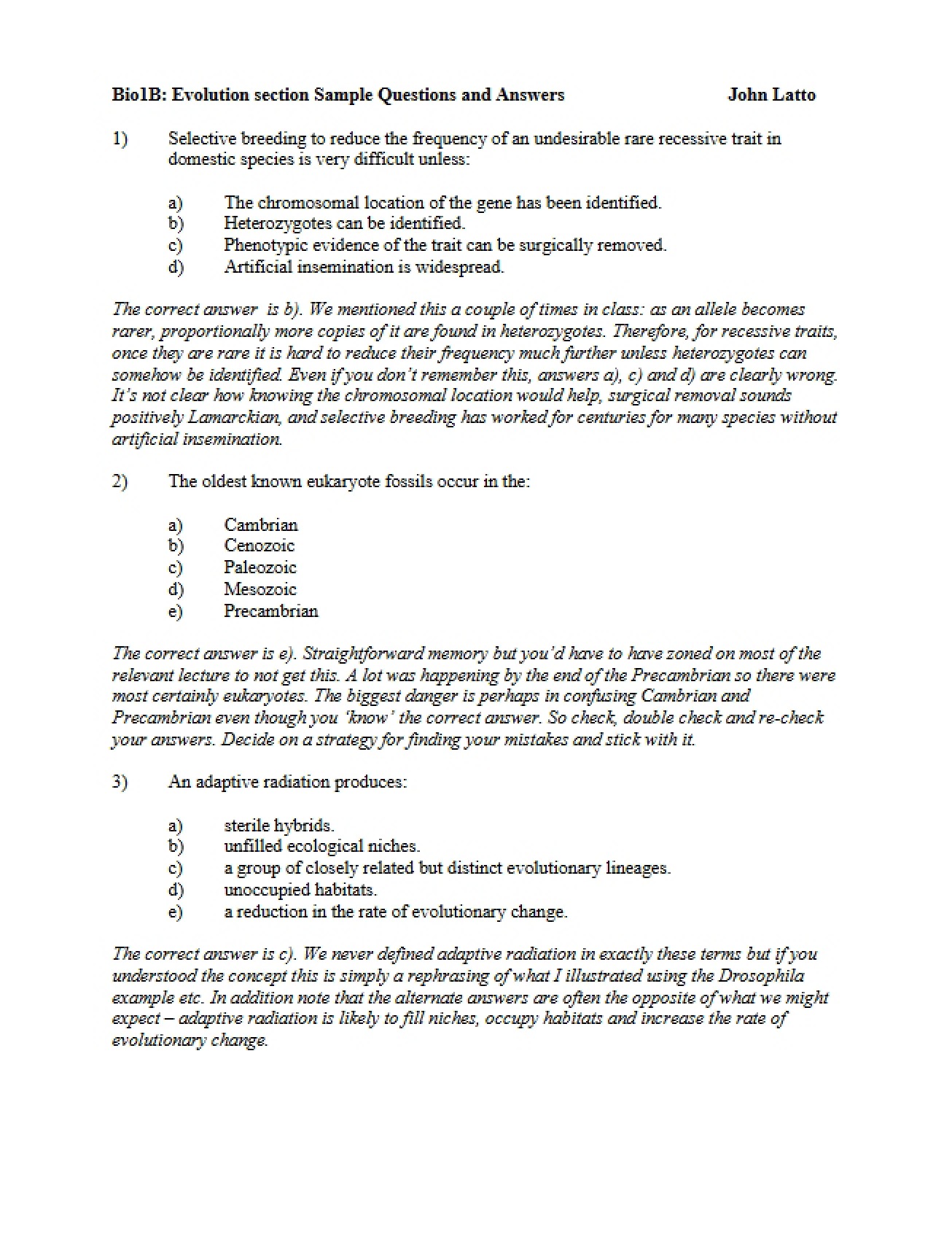 Sample Q&A for Evolution Section